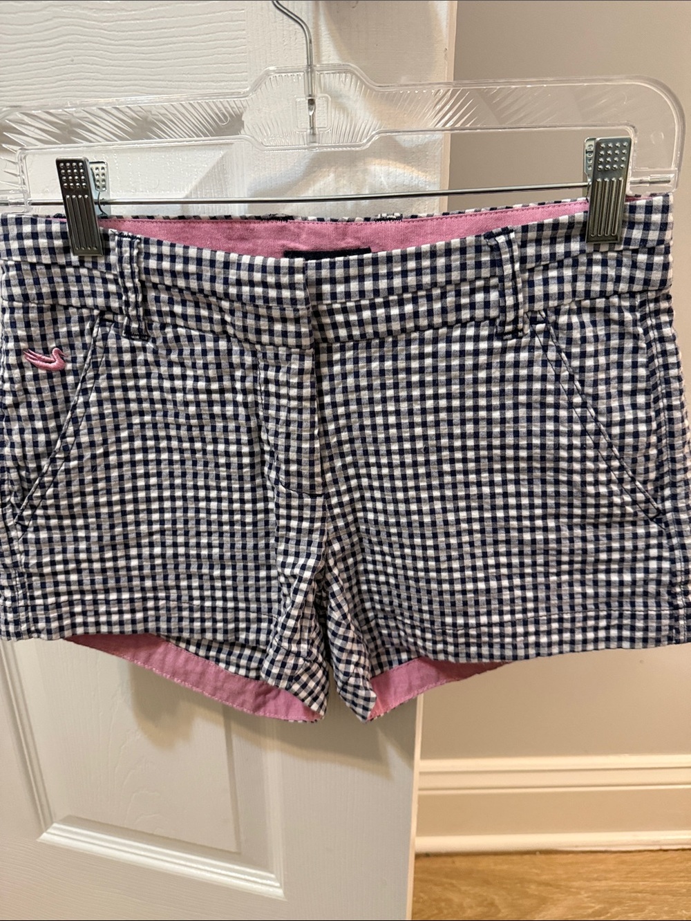 Southern Marsh Navy and White Gingham Shorts with Pink Trim